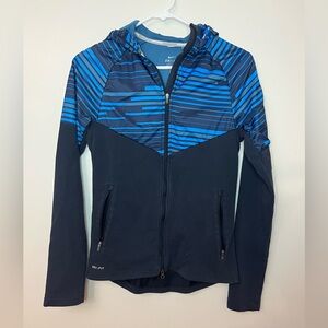 Nike Running Dri-FIT XS Hooded Jacket Blue Stripe Double Zip Athletic